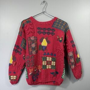 Gap Sweater Womens XL Red Patchwork Plaid Fruit Embroidered Holiday Chunky Knit